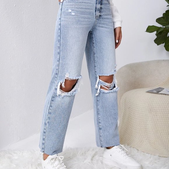 Blue Casual Womens Ripped Raw Cut Straight Leg Jeans - Picture 4 of 5